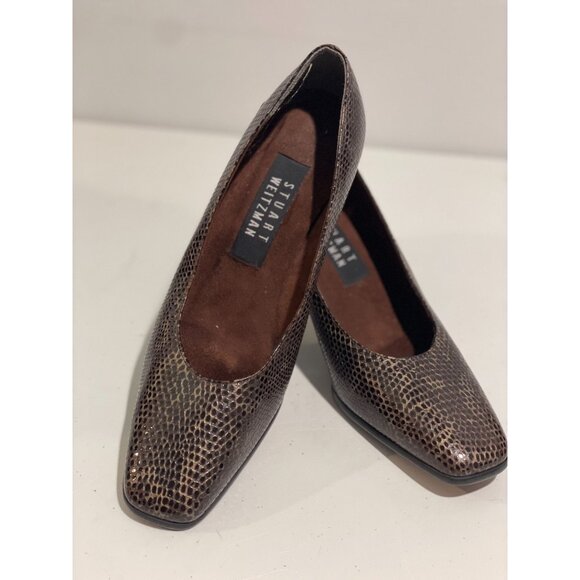 Stuart Weitzman Brown Snakeskin Leather Block Heel Pumps Size 6B Made Spain - Picture 1 of 14